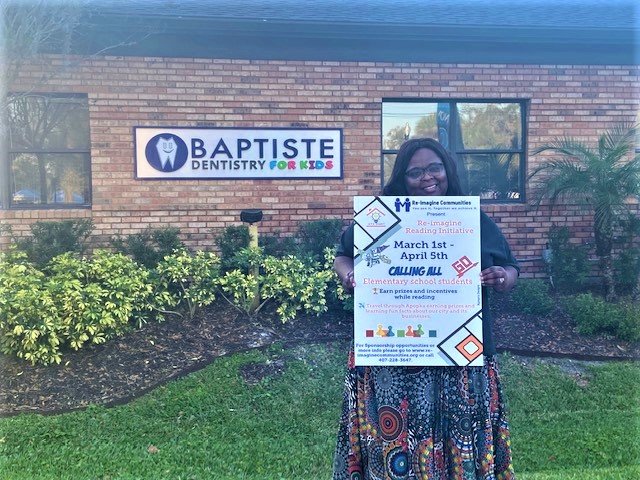 Shaunte Jamison, Founder and CEO of Re-Imagine Communities, partners with Baptiste Dentistry for Kids on the reading initiative 2021